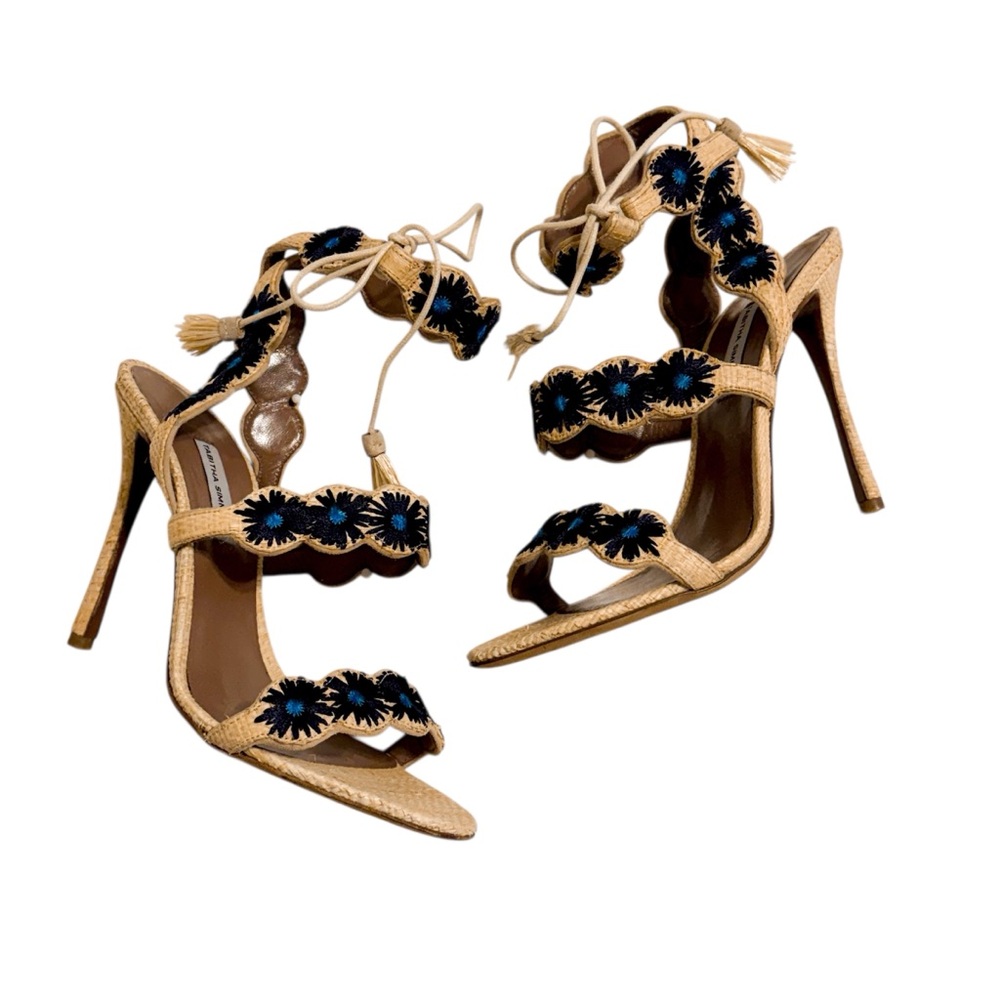 Tabitha Simmons Iris Natural Raffia Marine Flower Heeled Sandals Rattan Size 39